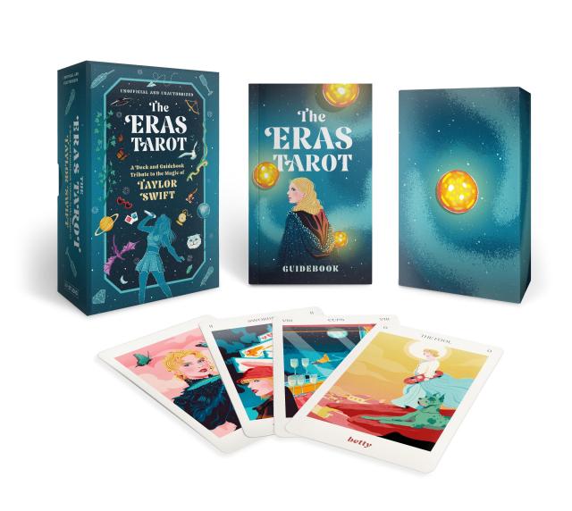 Image of "The Eras Tarot" box plus included guidebook, travel card box, and four face-up cards from the deck